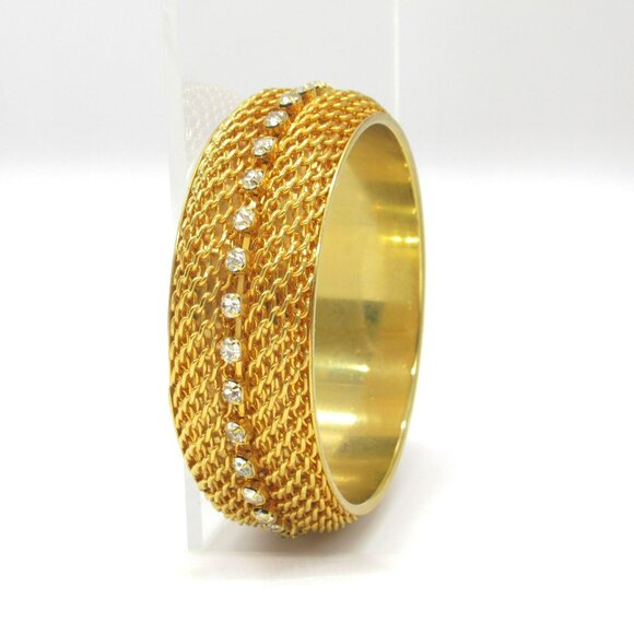 Y2K Gold Wide Mesh Bangle Bracelet Crystal Rhinestone Lee Angel Neiman Marcus - Picture 9 of 9